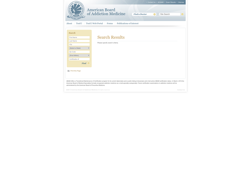 American Board of Addiction Medicine (ABAM) screenshot of resource