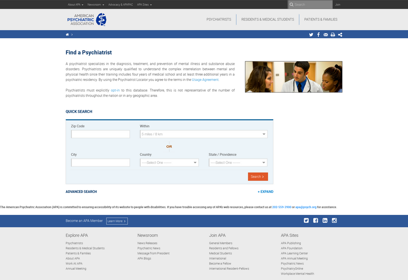 American Psychiatric Association (APA) screenshot of resource