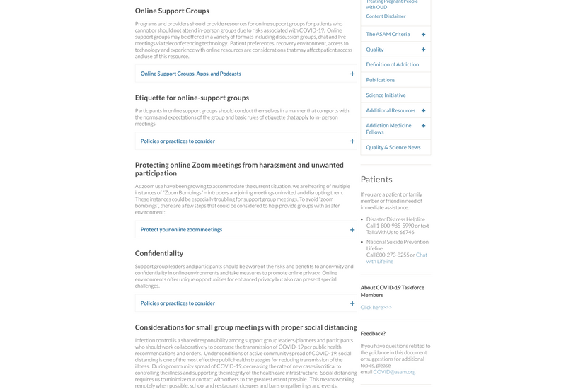 American Society Addiction Medicine (ASAM) screenshot of resource
