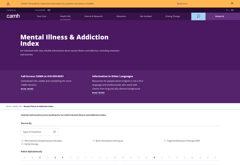The Center for Addiction and Mental Health (CAMH) screenshot of resource